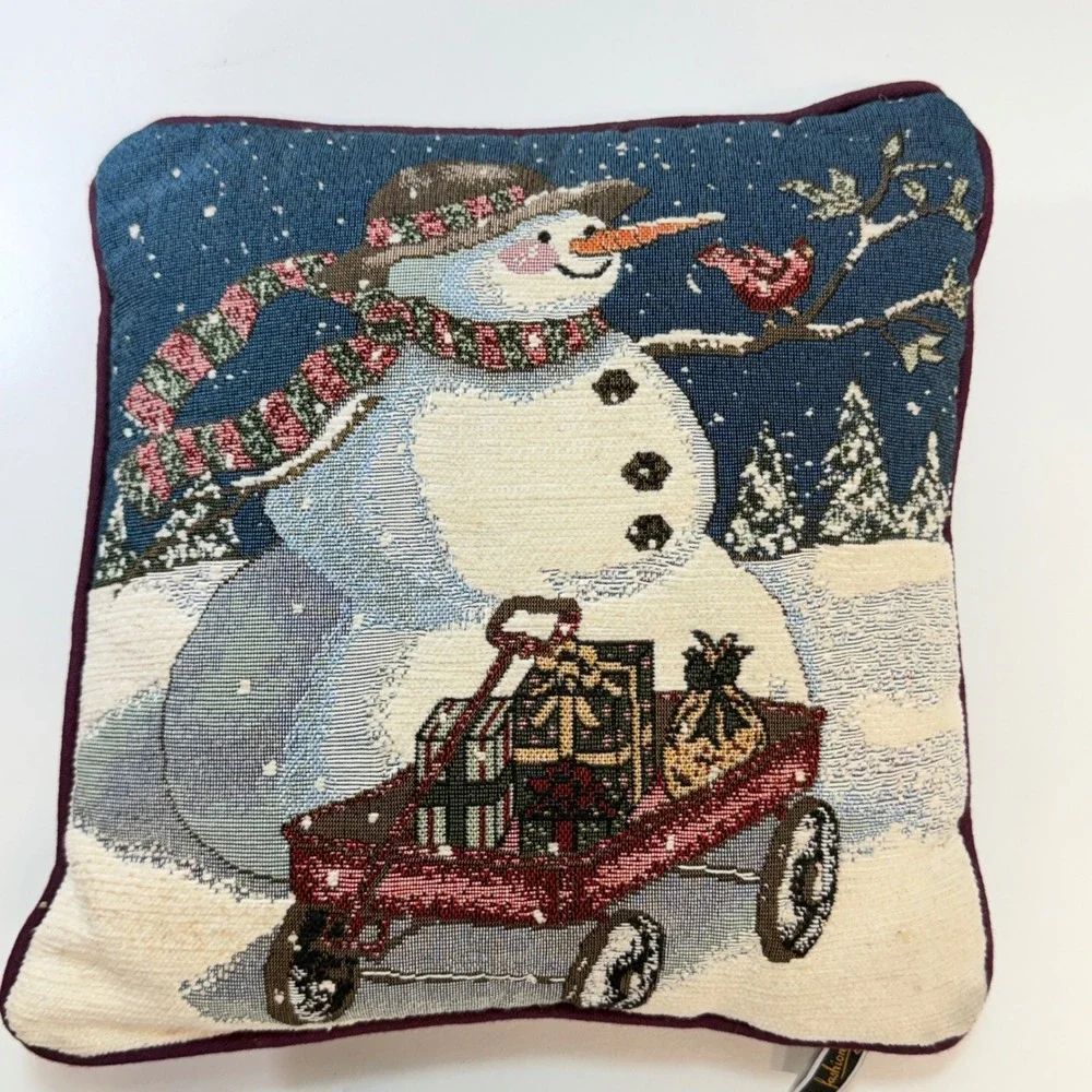 Fashion Throw Pillow 12x12 Blue Snowman‎ Red Wagon Christmas Tapestry